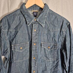 Gap Pearl Snap Denim Shirt Mens Large Tall Western Rodeo Cowboy Ranch Blue 0512
